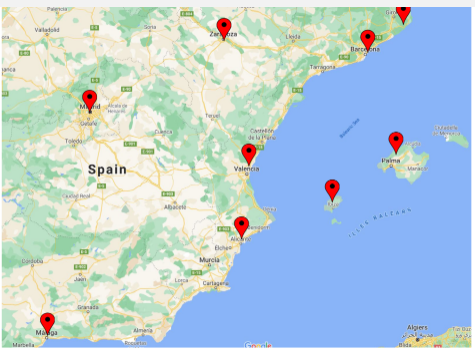 CEBO Catering coverage — 7 airports across Spain: Madrid LEMD, Barcelona LEBL, Málaga LEMG, Mallorca LEPA, Ibiza LEIB, Valencia LEVL, Seville LEZL